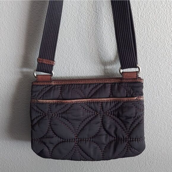 Fossil Key Per Black Quilted Crossbody Shoulder Bag Purse Brown Leather Trim - Picture 3 of 6
